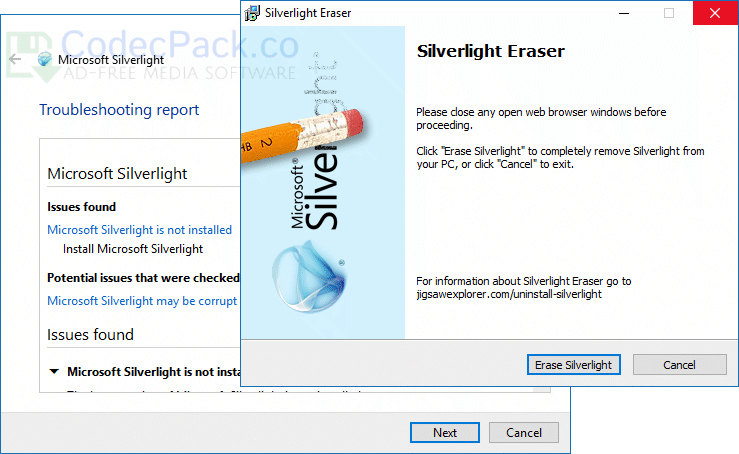 Błąd usuwania Microsoft Silverlight